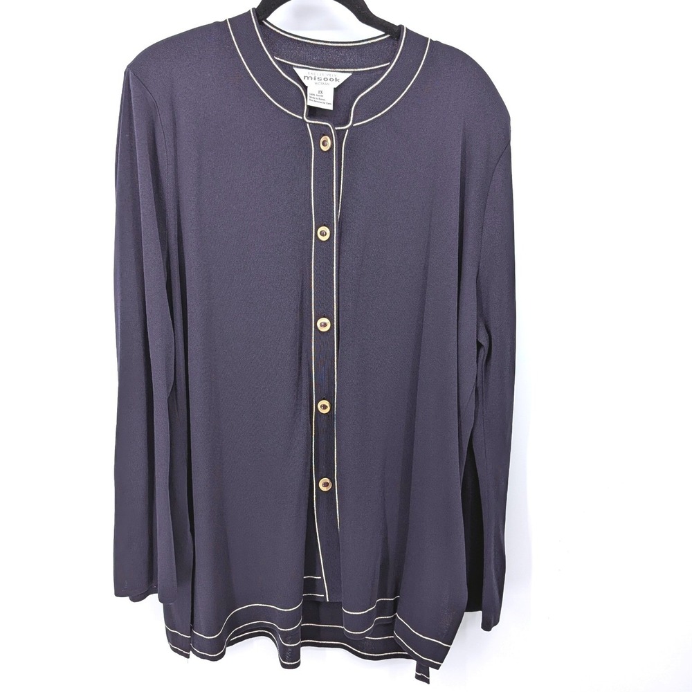 Misook Cardigan Jacket Women 1X Navy Blue Gold Trim Knit Button Up Long Sleeve
